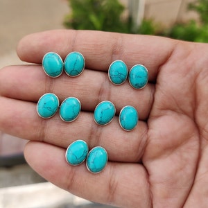 Natural Turquoise Stud Earrings, 925 Sterling Silver Studs, Turquoise Post Earrings, Tibetan Turquoise Jewelry, Gemstone Studs for Her