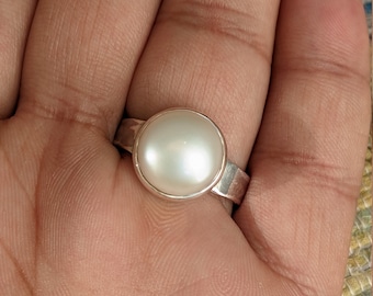 Silver Pearl Ring, Handcrafted Ring for Her, June Birthstone, Natural Pearl Jewelry, Fresh Water Pearl, 925 Sterling Silver, Minimalist Ring