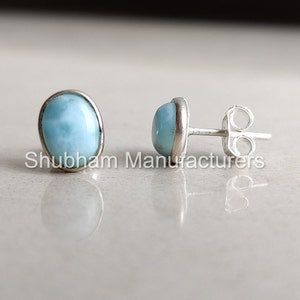 Natural Larimar Stud Earrings, 925 Sterling Silver Studs, Natural Stone, Blue Gemstone Jewelry, Simple Everyday Studs for Girls,Gift for Her