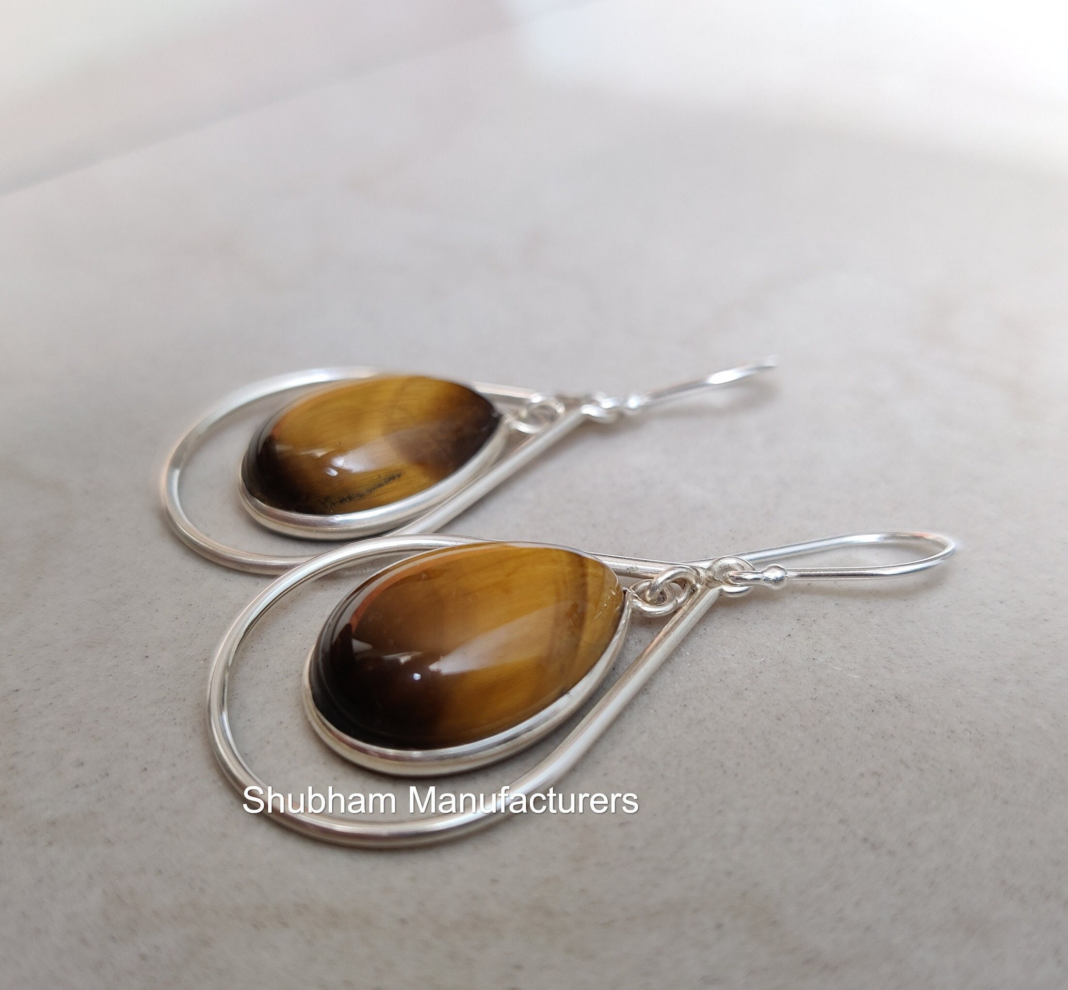 Tiger Eye Dangle Earrings, 925 Sterling Silver Earrings