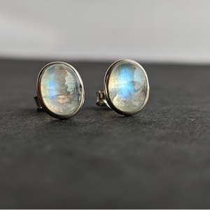 Rainbow Moonstone Studs Earrings, 925 Sterling Silver, June Birthstone, Moonstone Earrings, Gemstone Studs, Blue Flash Moonstone, For Women