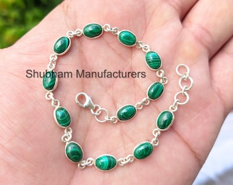 Natural Malachite Bracelet, 925 Sterling Silver Bracelet, Gemstone Adjustable Bracelet, Genuine Malachite Jewelry, Handmade Jewelry for Her