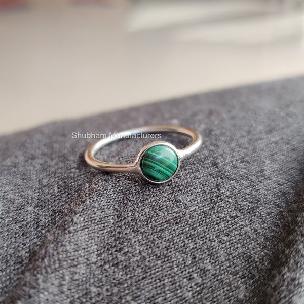 Natural Malachite Ring, 925 Sterling Silver Ring, Minimalist Gemstone Ring, Tiny Stone Silver Ring, Simple Ring for Her, Thin Band Ring