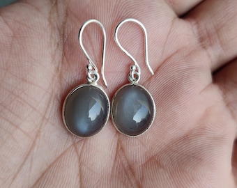 Gray Moonstone Earrings, 926 Sterling Silver, Genuine Gray Moonstone Artisan Crafted Oval Drop Earrings Gift, Everyday Earrings for Her