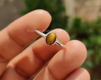 Tiger Eye Ring, 925 Sterling Silver, Minimalist Gemstone Ring, Dainty Birthstone Ring, Tiger Eye Jewelry for Her, Tiny Stone Ring for Women