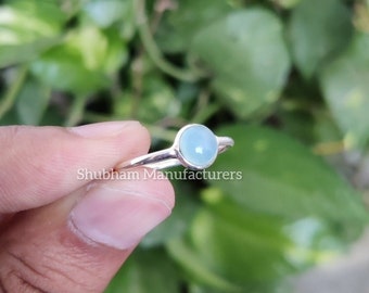 Genuine Aqua Chalcedony Ring, Blue Gemstone Silver Ring, Aqua Minimalist Ring, Cabochon Stone Dainty Ring, Chalcedony Jewelry for Women