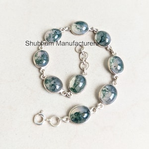 Genuine Moss Agate Silver Bracelet, 925 Sterling Silver Bracelet, Minimalist Gemstone Silver Jewelry, Adjustable Chain Bracelet for Women