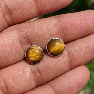Natural Tiger Eye Stud Earrings, Round Shape Studs, 925 Sterling Silver Studs, Minimalist Studs, Genuine Gemstone Studs, Brown Stone Studs