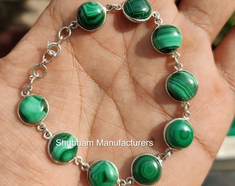 Natural Malachite Bracelet, 925 Sterling Silver Bracelet, Handmade Wedding Bracelet, Green Gemstone Adjustable Bracelet, Birthstone Jewelry