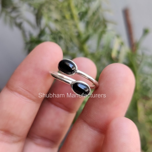 Natürlicher schwarzer Onyx Ring, 925 Sterlingsilber-Ring, schwarzer Onyx Dual-Stein-Ring, verstellbarer Byte-Ring, kleiner Geburtsstein, Schmuck aus schwarzem Stein