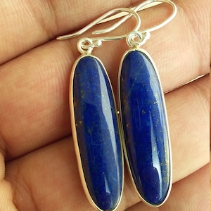 Lapis Lazuli Earrings, Dark Blue Oval Teardrop Shape Earrings, 925 Sterling Silver Jewelry, Natural Stone, Blue Gemstone, Drop Dangle