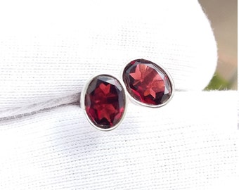 Natural Red Garnet Stud Earrings, 925 Sterling Silver Studs, Garnet Earrings, Gemstone Post Earrings, January Birthstone, Gift for Her