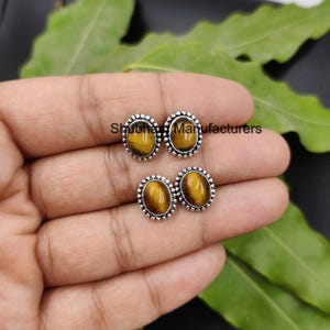 Tiger Eye Stud Earrings, 925 Sterling Silver Studs, Genuine Tiger&#39;s Eye Jewelry, Gemstone Post Earrings, Dainty, Handmade Earrings for Her