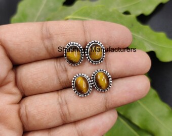 Tiger Eye Stud Earrings: Oval Gemstone, 925 Sterling Silver