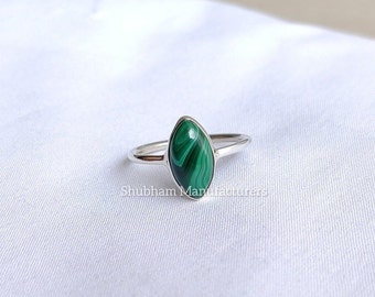 Malachite Ring, 925 Sterling Silver Ring, Stackable Gemstone Ring, Handmade Silver Ring, Marquise Shape Ring, Simple Band Ring for Women