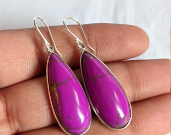 Purple Turquoise Earrings, 925 Sterling Silver Earrings, Drop Dangle, Everyday Jewelry, Teardrop, Women's Earrings, Cabochon Stone, For Her