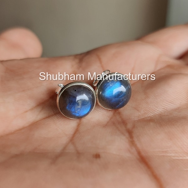 Blue Flash Labradorite Stud Earrings, 925 Sterling Silver Studs, Round Cabochon Studs, Natural Stone, Flashy Gemstone Earrings for Women