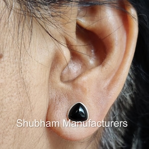 Black Onyx Stud Earrings, 925 Sterling Silver Studs, Black Studs for Women & Men, Cabochon Gemstone Earrings, Trillion Shape Studs for Girls