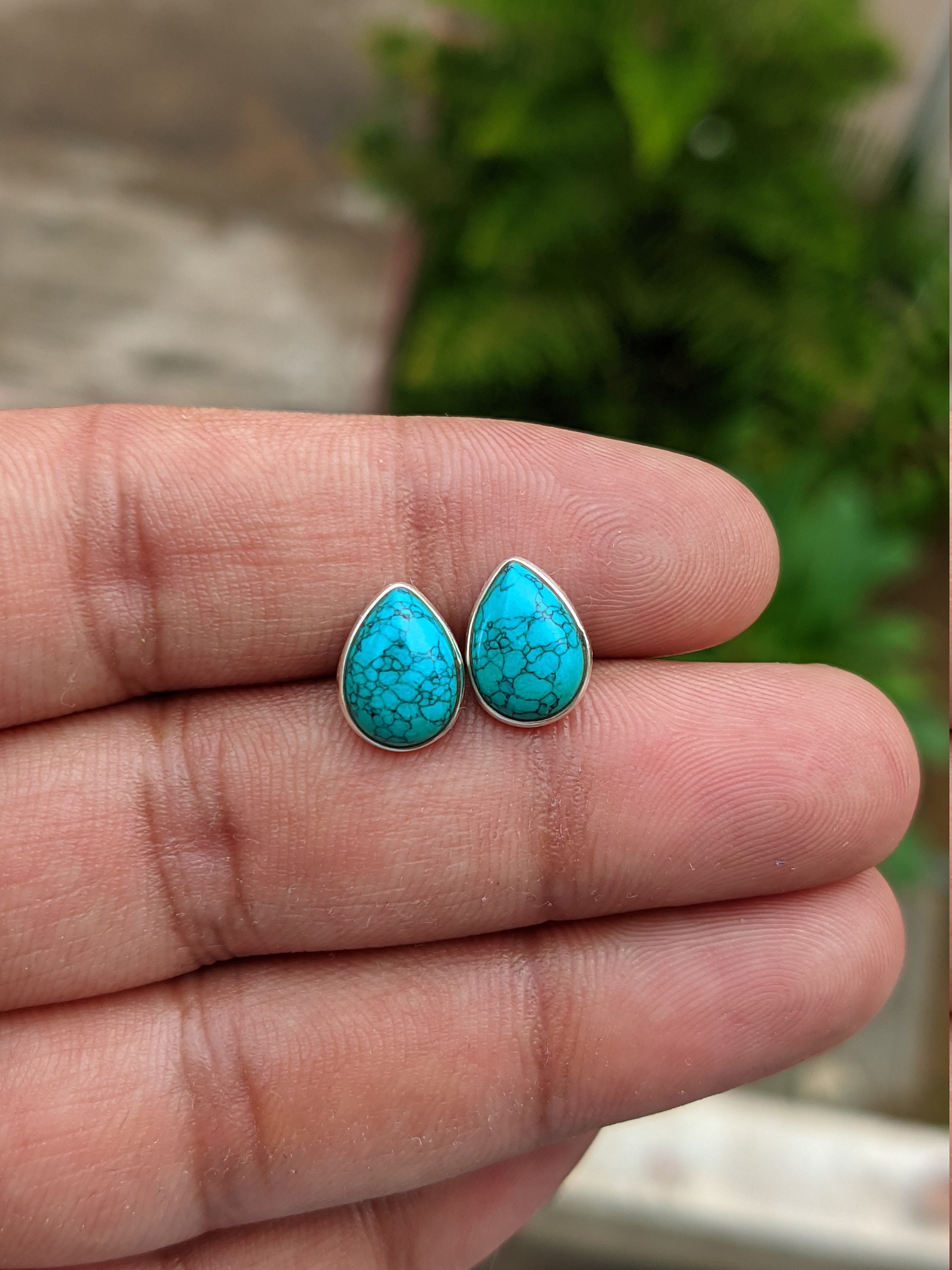 Genuine Turquoise Stud Earrings 925 Sterling Silver Studs Etsy Uk