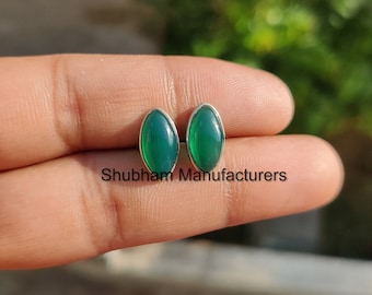 Puces d'oreilles en onyx vert véritable, puces d'oreilles en argent sterling 925, boucles d'oreilles en forme de marquise, puces d'oreilles en pierres précieuses vertes naturelles, puces d'oreilles simples pour femme