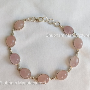 Rose Quartz Bracelet, 925 Sterling Silver Bracelet, Pink Stone Bracelet, Natural Quartz Silver Jewelry, Adjustable Gemstone Bracelet for Her