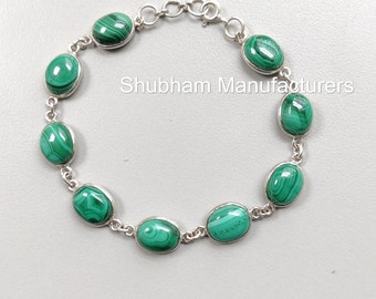 Handmade Malachite Oval Gemstone, 925 Sterling Silver, Adjustable Jewelry, Cabochon Stone Bracelet, Gift For Women