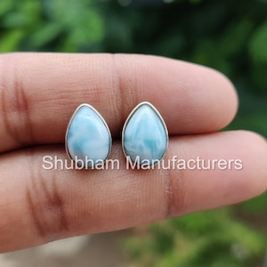 Natural Larimar Stud Earrings, 925 Sterling Silver Studs , Simple Everyday Studs, Blue Gemstone Earrings, Cabochon Stone, Teardrop Studs