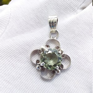 Green Amethyst Pendant, 925 Sterling Silver Pendant, Flower Shape Pendant, Amethyst Silver Necklace, February Birthstone, Prasiolite Green