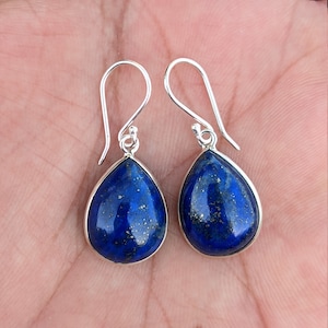 Lapis Lazuli Earrings, 925 Sterling Silver, Natural Blue Gemstone, Silver Handmade Jewelry, Cabochon Stone, Dangle Drop Hook, Gift for Her
