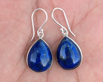 Lapis Lazuli Earrings, 925 Sterling Silver, Natural Blue Gemstone, Silver Handmade Jewelry, Cabochon Stone, Dangle Drop Hook, Gift for Her