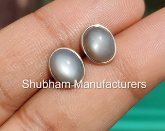 Natural Gray Moonstone Stud Earrings, 925 Sterling Silver Studs, Healing Moonstone Jewelry, Flashy Gemstone Earrings for Women, Gift for Her