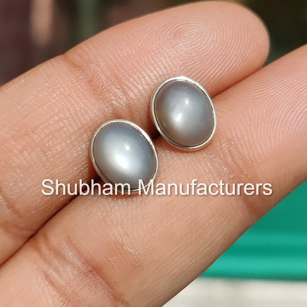 Natural Gray Moonstone Stud Earrings, 925 Sterling Silver Studs, Healing Moonstone Jewelry, Flashy Gemstone Earrings for Women, Gift for Her