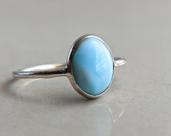 Larimar Ring, 925 Sterling Silver Ring, Cabochon Gemstone, Blue Stone, Handmade, Jewelry, Gift for Her, Everyday Stackable Ring for Women