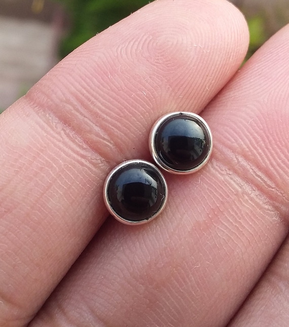 Black Onyx Stud Earrings, 925 Sterling Silver Studs