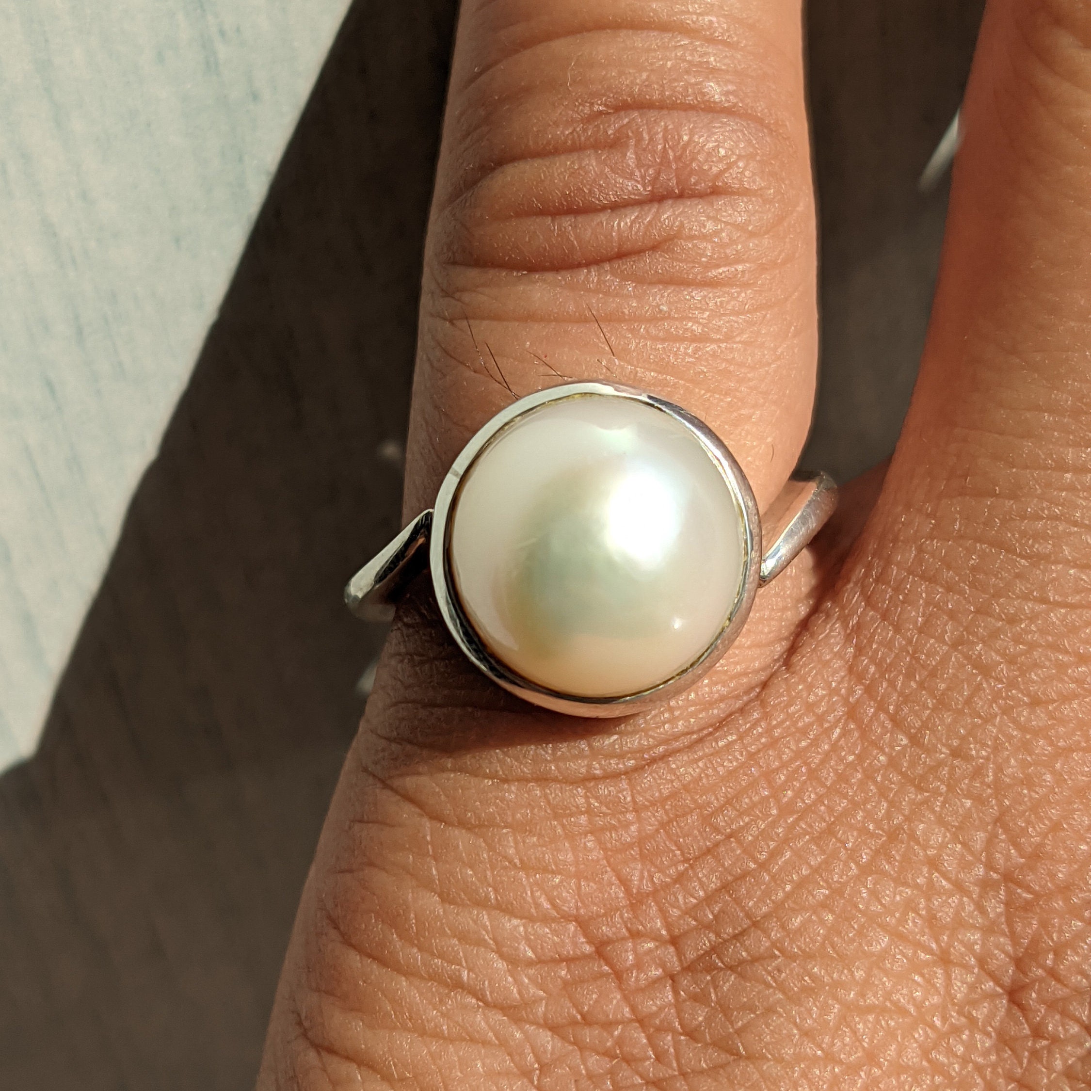 Designer Pearl Ring, off White Cream Pearl Silver Handmade