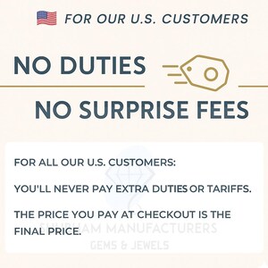 May include: Image with text: "FOR OUR U.S. CUSTOMERS, NO DUTIES, NO SURPRISE FEES." Additional text states, "YOU'LL NEVER PAY EXTRA DUTIES OR TARIFFS. THE PRICE YOU PAY AT CHECKOUT IS THE FINAL PRICE."
