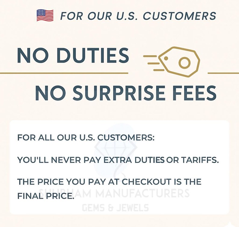 May include: Image with text: "FOR OUR U.S. CUSTOMERS, NO DUTIES, NO SURPRISE FEES." Additional text states, "YOU'LL NEVER PAY EXTRA DUTIES OR TARIFFS. THE PRICE YOU PAY AT CHECKOUT IS THE FINAL PRICE."