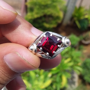Red Garnet Ring, Square Gemstone Ring, January Birthstone Ring, 925 Silver Handmade Jewellery, Unique Design Ring, Stone Ring Size 7.5