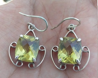 Octagon Shape Lemon Quartz Earrings, Lemon Quartz 925 Sterling Silver Handmade Earrings, Lemon Quartz Jewelry, Dangle & Drop Earrings