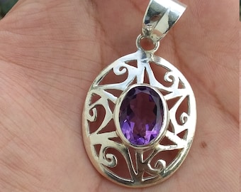 Natural Amethyst Pendant, 925 Sterling Silver Pendant, Healing Crystal Jewelry, February Birthstone Pendant, Gemstone Necklace, Purple Stone