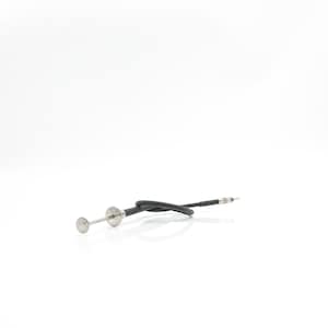 May include: A silver-toned camera shutter release cable with a black, braided cord. The cable has a small, circular button on one end and a threaded connector on the other. The cable is designed for use with a camera.
