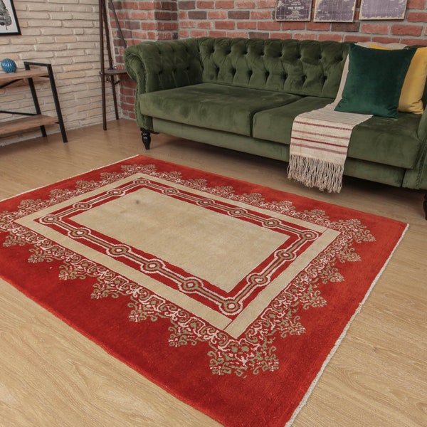 5x6 red bedroom rug, abstract handmade rug, vintage rug,4'7" X 6'3" rug, D57N4264