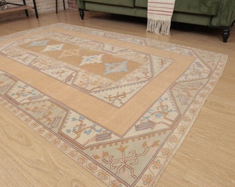 5x8 wool hand woven rug, geometric rug for bedroom,  5'1" X 7'9"  Turkish Vintage Rug D89N7364