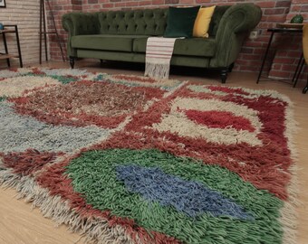 7x11 abstract shaggy living room, long wool  fluffy rug , 7'1" X 10'6" handmade woven  rug D88N7821