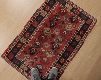 3x4 hand woven wool bathroom rug, red entryway rug, 2'6" X 3'11" vintage kitchen rug, D88N1653