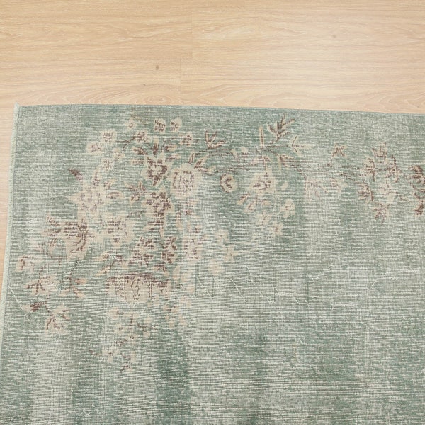 6x10 Minimal Green Beige Floral Rug, 6'3" X 9'8" Bedroom Rug, Handmade Living Room Rug D12N2377