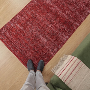 3&#39;7&quot; X 7&#39;3&quot; Small Red Rug, Red bedside rug, Red Bedroom Rug curved D20N2664