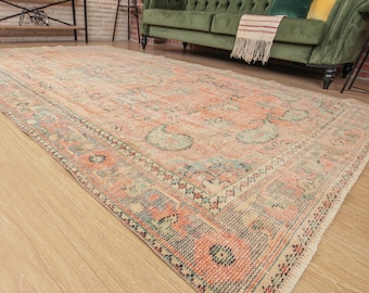 Oriental Rug Turkish Area Rug , 5'11" X 9'8" pastel orange beige bedroom carpet  D42N3531
