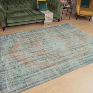 6x9 distressed area rug,  Faded  Teal copper  Rug, 5&#39;10&quot; X 9&#39;4&quot;  Living Room  rug D39N3585