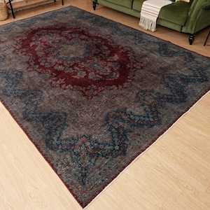 8x11 rug for living room,  vintage area rug, 8&#39;1&quot;  X 11&#39;2&quot;  red grey dining room rug, D144N9476